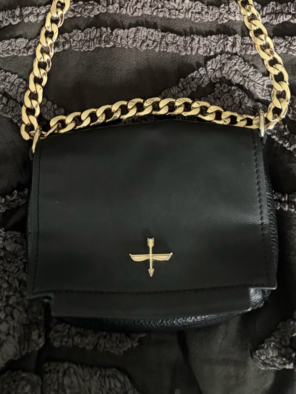 Black Leather Crossbody Bag with Gold Chain Strap